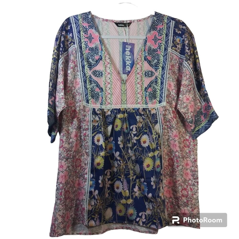 Hekka Boho Retro V-Neck Casual Loose Fitting Short Sleeve Pink Blue Size XXL